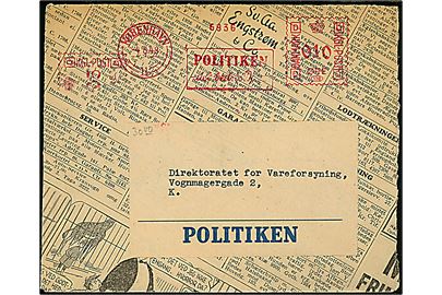 10 øre firmafranko frankeret lokalbrev fra dagbladet Politiken i København d. 4.8.1948. Kuvert fremstillet af avispapir. 