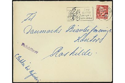 25 øre Fr. IX på brev annulleret Aalborg 3 d. 3.8.1950 og sidestemplet med lille violet liniestempel (23½x3½ mm) Rutebilbrev til Roskilde.