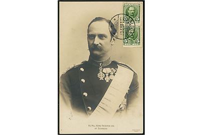 5 øre Fr. VIII i parstykke på billedside af brevkort med Kong Fr. VIII annulleret Aalborg d. 23.1.1909 til Ostritz, Tyskland.