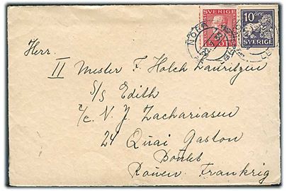 10 öre Løve og 15 øre Gustaf på brev fra Nora d. 22.7.1935 til sømand ombord på S/S Edith i Rouen, Frankrig.