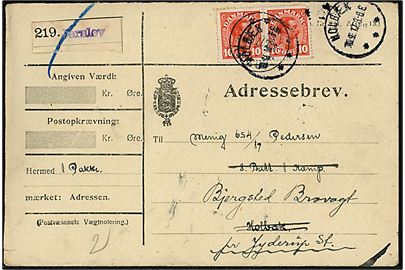 10 øre Chr. X i parstykke på adressebrev for pakke fra Jerslev d. 8.9.1917 til soldat ved 8. Bat. 1. Komp. i Holbæk - eftersendt til Bjergsted Brovagt pr. Jyderup St.