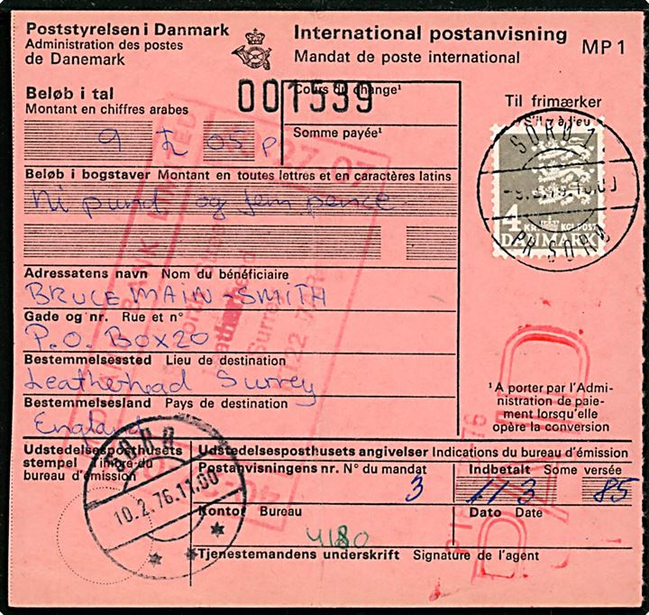 4 kr. Rigsvåben single på International Postanvisning annulleret med pr.-stempel Sorø 1 pr. Sorø d. 9.2.1976 til Leatherhead, England.