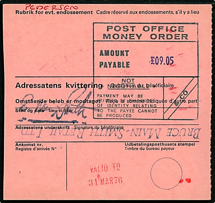 4 kr. Rigsvåben single på International Postanvisning annulleret med pr.-stempel Sorø 1 pr. Sorø d. 9.2.1976 til Leatherhead, England.