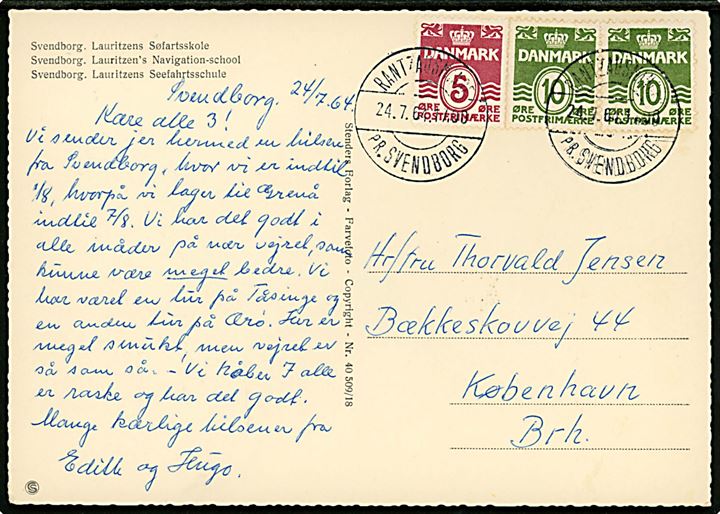 5 øre og 10 øre (par) Bølgelinie på brevkort (Lauritzen's Søfartsskole) annulleret med pr.-stempel Rantzausminde pr. Svendborg d. 24.7.1964 til København.
