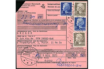 100 øre Margrethe (4) på International Postanvisning fra Tinglev d. 24.11.1975 til Frankfurt, Tyskland.