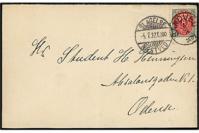 8 øre Tofarvet omv. rm. på brev annulleret med lapidar VI Sandved d. 5.7.1902 og sidestemplet bureau Slagelse - Næstved T.200 d. 5.7.1902 til Odense.
