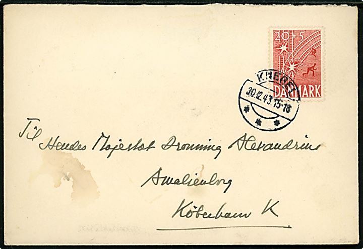 20+5 øre Frihedsfonden single på brev fra Knebel d. 30.12.1948 til Dronning Alexandrine, Amalienborg, København. Sendt fra S. T. i Fuglsø pr. Knebel. 