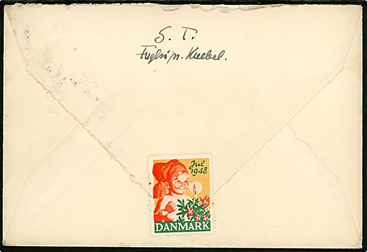 20+5 øre Frihedsfonden single på brev fra Knebel d. 30.12.1948 til Dronning Alexandrine, Amalienborg, København. Sendt fra S. T. i Fuglsø pr. Knebel. 
