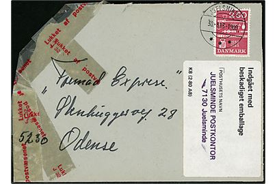 2,50 kr. Måling og Vejning (kort hj.) på brev fra Juelsminde d. 30.8.1983 til Odense. Lukket i venstre side af Postvæsenet og påsat etiket: Indgået med beskadiget emballage - formular K8 (2-80 A8)