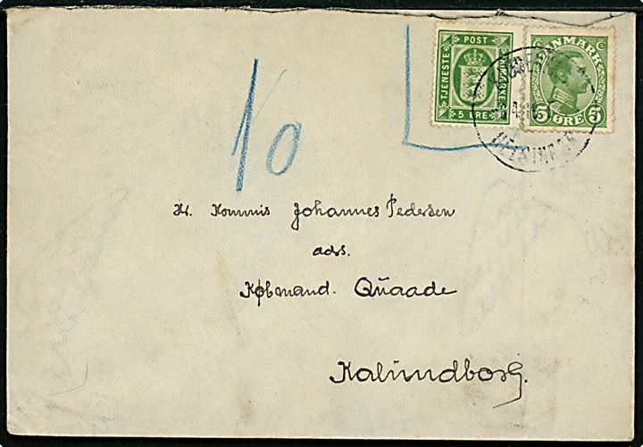 5 øre Chr. X og 5 øre Tjenestemærke på brev fra Birkerød annulleret med bureaustempel Kjøbenhavn - Helsingør T.324 d. 6.4.1919 til Kalundborg. Tjenestemærke markeret ugyldig og udtakseret i 10 øre porto.