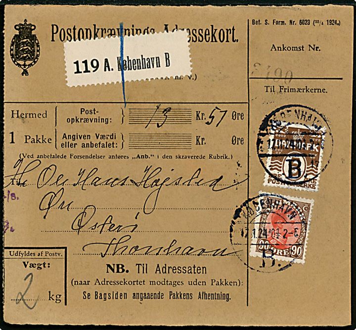 5 øre Bølgelinie og 90 øre Chr. X på postopkrævnings-Adressekort for pakke fra København B. d. 12.11.1924 til Øre på Østerø, Færøerne.