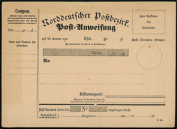 Norddeutscher Postbezirk. Postanvisning formular C.90. Ubrugt.