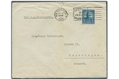 5 cents Roosevelt på brev fra New York d. 27.10.1930 til København, Danmark. Påskrevet: Per s.s. Berengaria.
