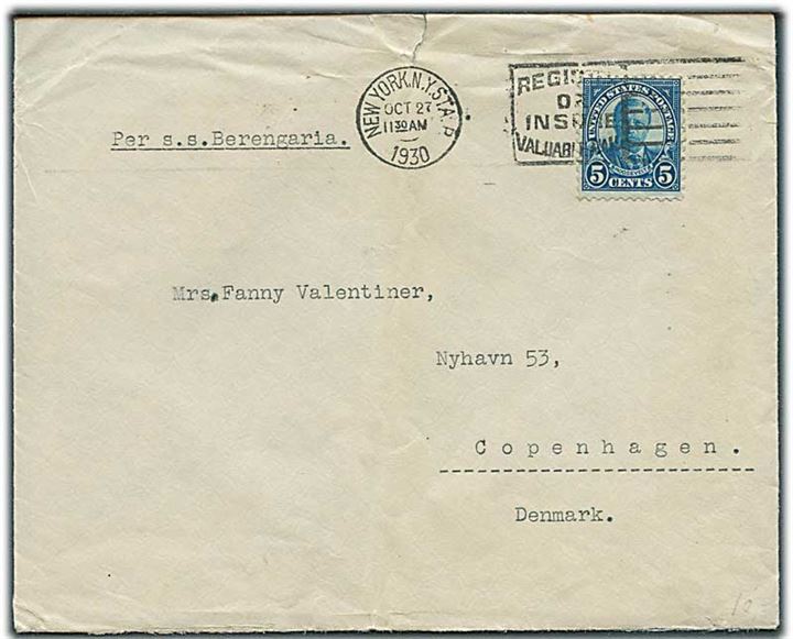 5 cents Roosevelt på brev fra New York d. 27.10.1930 til København, Danmark. Påskrevet: Per s.s. Berengaria.