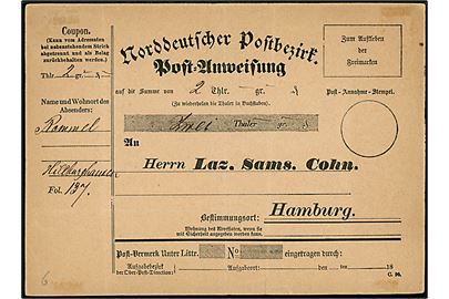 Norddeutscher Postbezirk. Postanvisning formular C.90 delvist udfyldt. Lodret fold.