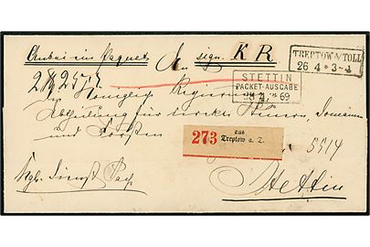 Norddeutscher Postbezirk. Ufrankeret pakkefølgebrev for tjenestepakke fra Treptow a/Toll d. 26.4.1869 til Stettin. Ank.stemplet med rammestempel Stettin Paket-Ausgabe d. 28.4.1869.