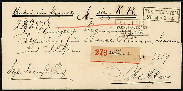 Norddeutscher Postbezirk. Ufrankeret pakkefølgebrev for tjenestepakke fra Treptow a/Toll d. 26.4.1869 til Stettin. Ank.stemplet med rammestempel Stettin Paket-Ausgabe d. 28.4.1869.