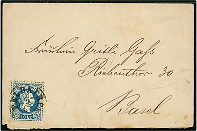 10 kr. Franz Joseph single på brev fra Feldkirch d. 9.6.1874 til Basel, Schweiz. 