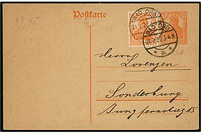 7½ pfg. helsagsbrevkort opfrankeret med 7½ pfg. Germania fra Bad Orb d. 21.2.1920 til Sønderborg. Indgående brevkort til Slesvig i afstemningsperioden.