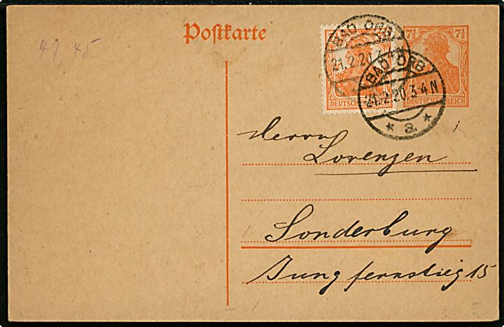 7½ pfg. helsagsbrevkort opfrankeret med 7½ pfg. Germania fra Bad Orb d. 21.2.1920 til Sønderborg. Indgående brevkort til Slesvig i afstemningsperioden.