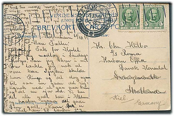 5 øre Fr. VIII i parstykke på brevkort fra Kjøbenhavn d. 23.10.1911 til sømand ombord på S/S Roma, c/o danske konsul i Grangemouth, Scotland - eftersendt til Kiel, Tyskland.