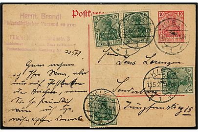 10 pfg. helsagsbrevkort opfrankeret med 5 pfg. Germania (4) fra Kiel d. 11.5.1920 til Sønderborg. Indgående brevkort til Slesvig i afstemningsperioden.