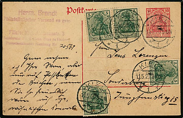 10 pfg. helsagsbrevkort opfrankeret med 5 pfg. Germania (4) fra Kiel d. 11.5.1920 til Sønderborg. Indgående brevkort til Slesvig i afstemningsperioden.
