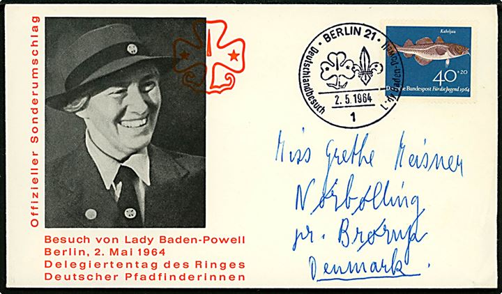 40+20 pfg. velgørenhed på illustreret spejderkuvert i anledning af Lady Baden-Powell's besøg i Berlin d. 2.5.1964 til Nørbølling pr. Brørup, Danmark.
