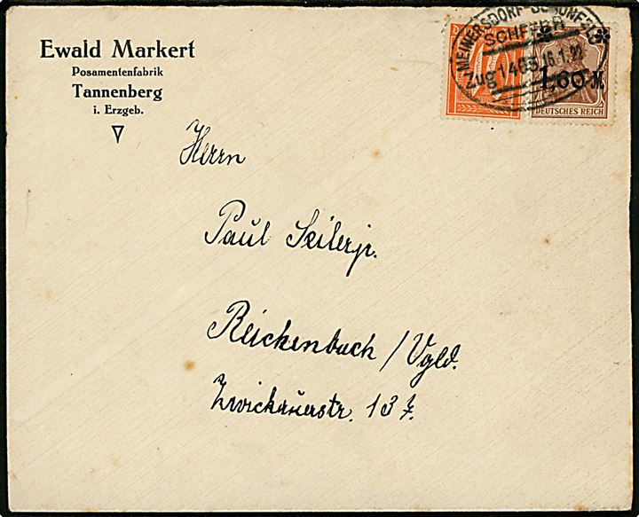 40 pfg. Ciffer og 1,60 M./5 pfg. Germania provisorium på brev fra Tannenberg annulleret med ovalt bureaustempel Meinersdorf - Schönberg SCHFFBR Zug 1643 d. 16.1.1922 til Reichenbach.
