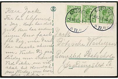 5 øre Chr. X (3) med tydelig fremføringsspor og automatafskæringer på brevkort stemplet Kjøbenhavn B. d. 4.11.1921 til Rungsted.