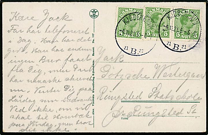 5 øre Chr. X (3) med tydelig fremføringsspor og automatafskæringer på brevkort stemplet Kjøbenhavn B. d. 4.11.1921 til Rungsted.