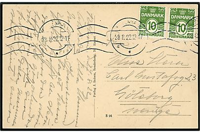 10 øre Bølgelinie (2) begge med tydelig automatafskæring i top og bund på brevkort fra København d. 28.8.1922 til Göteborg, Sverige.