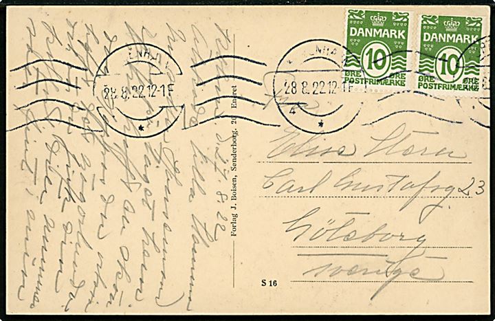 10 øre Bølgelinie (2) begge med tydelig automatafskæring i top og bund på brevkort fra København d. 28.8.1922 til Göteborg, Sverige.