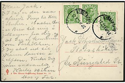 5 øre Chr. X - heraf de to til højre med tydelig automatafskæring - på brevkort fra Kjøbenhavn d. 17.2.1921 til Rungsted.