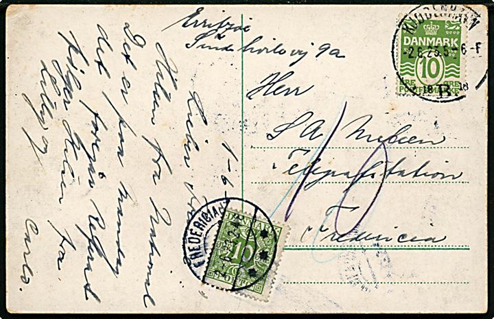 10 øre Bølgelinie med automatafskæring på underfrankeret brevkort fra Kjøbenhavn B. d. 2.6.1923 til Fredericia. Udtakseret i porto med 10 øre Portomærke stemplet Fredericia d. 2.6.1923-