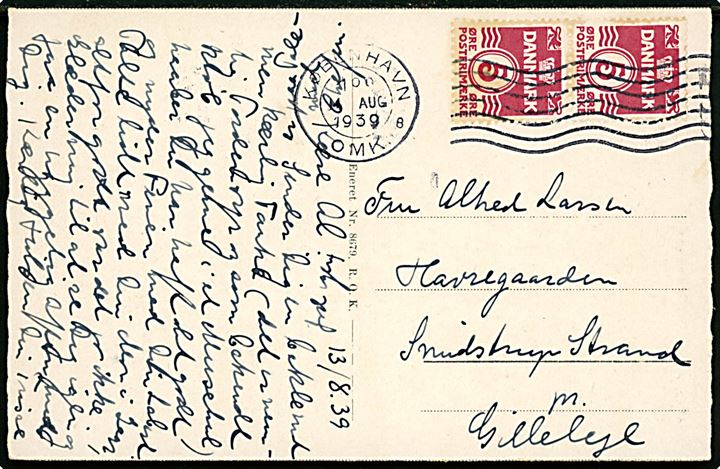 5 øre Bølgelinie i lodret parstykke med automatafskæring på brevkort fra København d. 14.8.1939 til Smidstrup Strand pr. Gilleleje. 