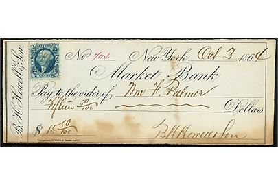 U. S. Inter. Rev. Bankcheck. 2 cents Washington mærke på B. H. Howell & Sons check dateret New York d. 3.10.1864.