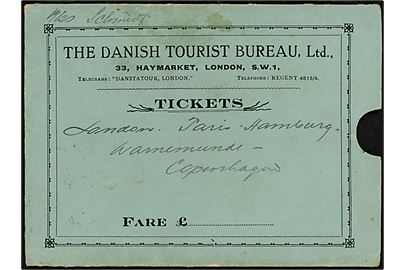 The Danish Tourist Bureau Ltd. London. Tickets omslag for rejse fra London-Paris-Hamburg-Warnemünde-København.