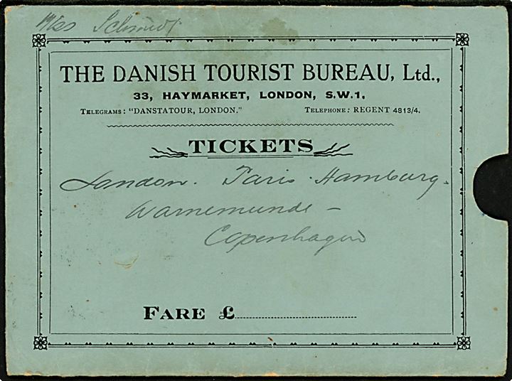 The Danish Tourist Bureau Ltd. London. Tickets omslag for rejse fra London-Paris-Hamburg-Warnemünde-København.