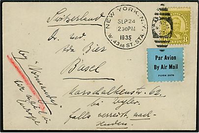 8 cents Grant single på luftpostbrev mærket Normandy og Luftpost i Europe fra New York d. 24.9.1935 til Basel, Schweiz. Ank.stemplet d. 1.10.1935.