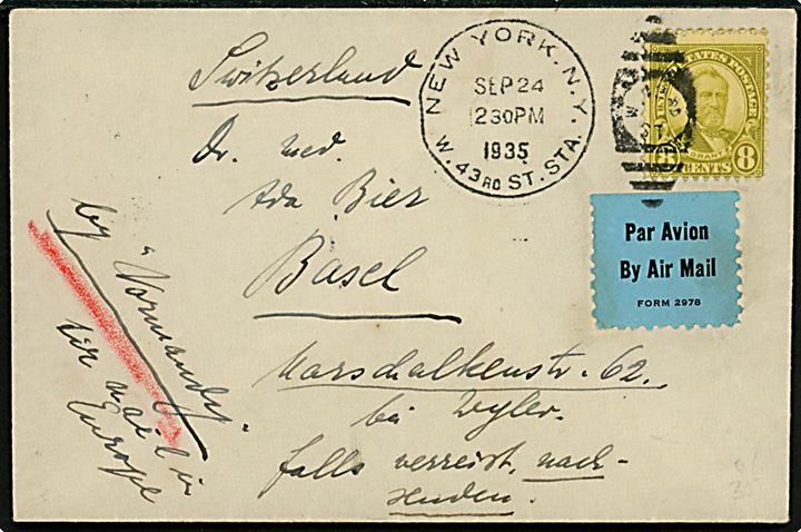 8 cents Grant single på luftpostbrev mærket Normandy og Luftpost i Europe fra New York d. 24.9.1935 til Basel, Schweiz. Ank.stemplet d. 1.10.1935.