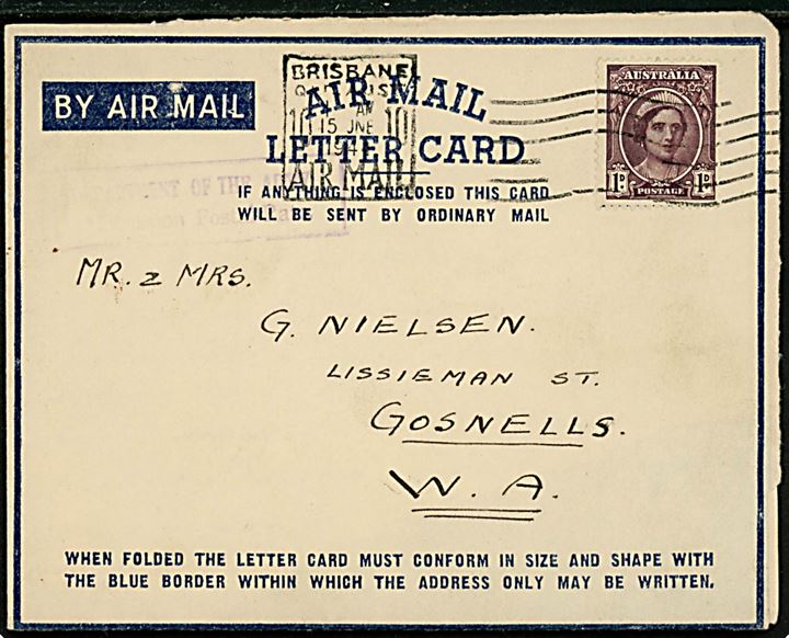 1d Air Letter fra dansker L/Cpl. Rudolf Elsborg ved 12. A.E.Coy, Chermside L. of C. Area i Queensland d. 14.6.1944 til andre danske Nielsen i Gosnells, Western Australia. Indhold skrevet på engelsk. 
