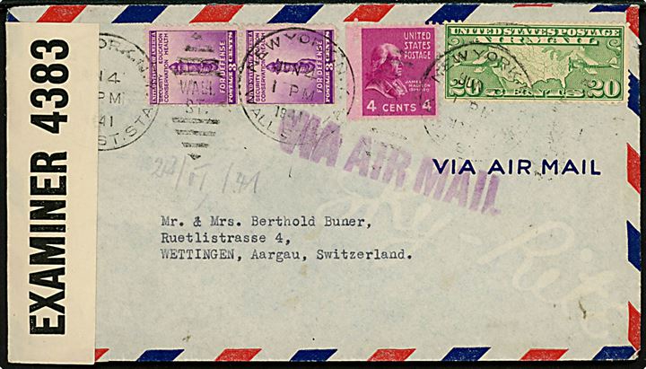 30 cents blandingsfrankeret luftpostbrev fra New York d. 4.6.1941 til Wettingen, Schweiz. Åbnet af britisk censur PC90/4383.
