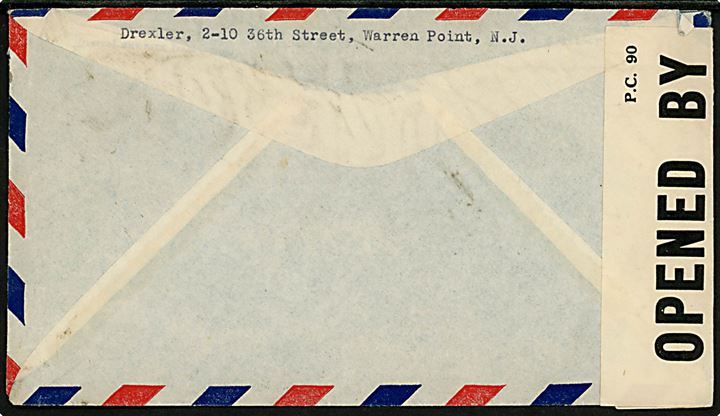 30 cents blandingsfrankeret luftpostbrev fra New York d. 4.6.1941 til Wettingen, Schweiz. Åbnet af britisk censur PC90/4383.