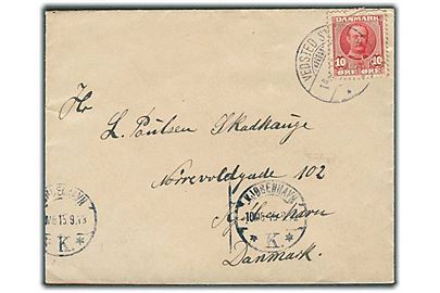 10 øre Fr. VIII på brev annulleret med brotype Ia Vedsted St. d. 14.9.1913 til Kjøbenhavn.