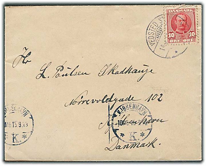 10 øre Fr. VIII på brev annulleret med brotype Ia Vedsted St. d. 14.9.1913 til Kjøbenhavn.