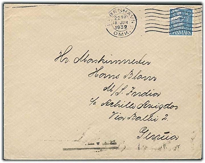 30 øre Karavel på brev fra København d. 18.6.1939 til sømand ombord på M/S India, Genua, Italien.