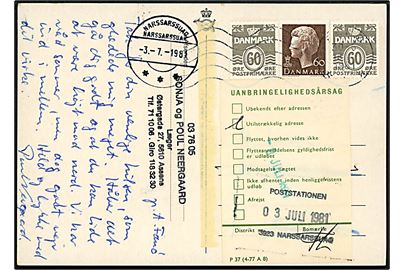 60 øre Bølgelinie (2) og 60 øre Margrethe på brevkort fra Fanø d. 30.6.1981 til Narssarssuaq, Grønland. Retur pga. utilstrækkelig adresse.