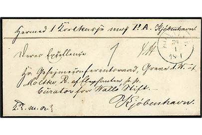 1861. Pakkefølgebrev for tjenestepakke mærket K.T.m.a. med antiqua Rønnede d. 3.1.1861 til Deres Excellence Hr. Gehejmeconferensraad, Greve A. W. af Molthe, Ridder af Elephanten p.p., Curator for Wallö Stift, Kjøbenhavn. Carl Moltke (1798-1866) blev ridder af Elefantordenen i 1848.