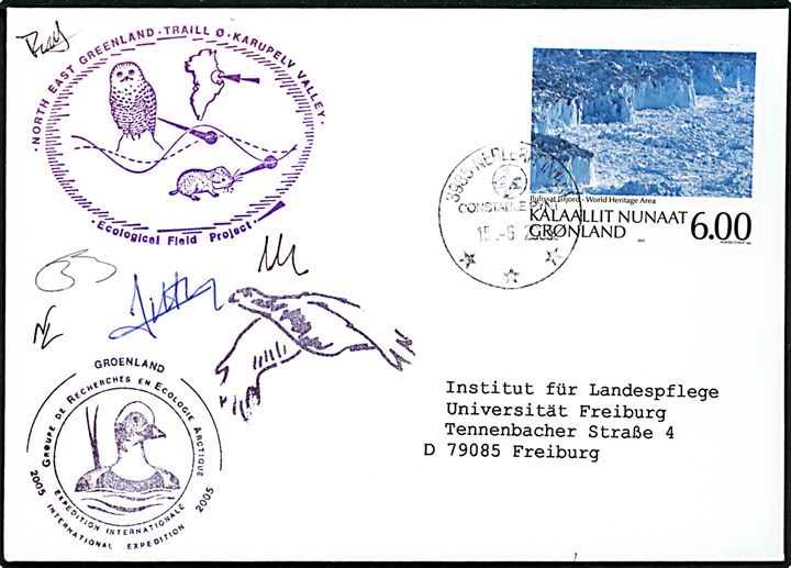 6 kr. Verdens arv på filatelistisk ekspeditionsbrev fra Constable Pynt d. 15.6.2005 til Freiburg, Tyskland. Flere ekspeditionsstempler og autografer fra ekspeditionsmedlemmer. 